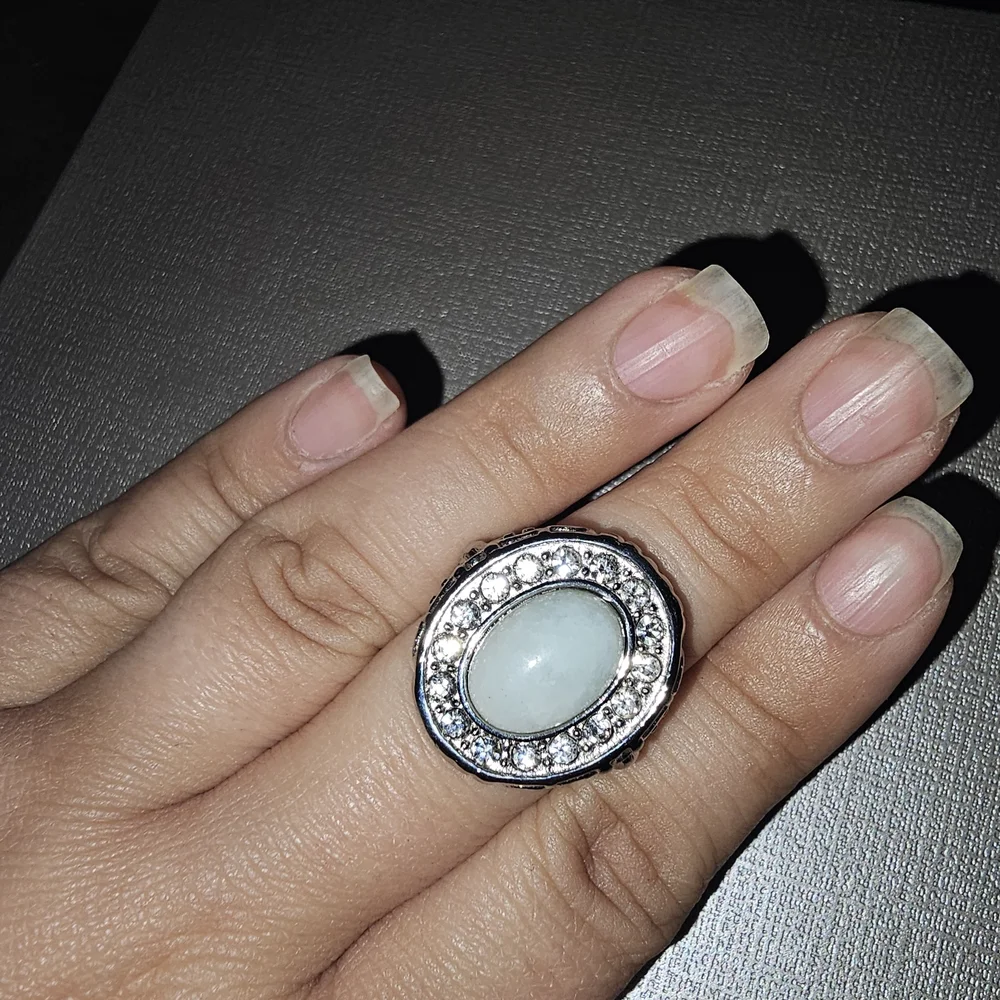 Sterling Silver Oval Aquamarine Cabochon Ring with Crystal Halo Size 7